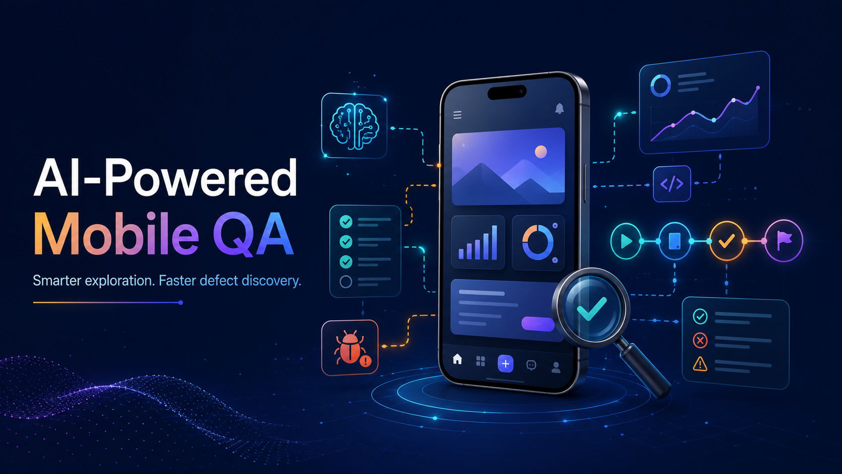 AI-powered mobile QA illustration with smartphone, analytics, testing icons, and AI signals