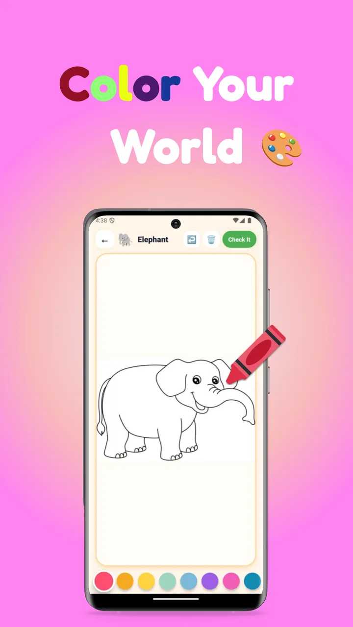 Kids Kala — Color Your World: coloring book screen with an elephant outline and crayon palette
