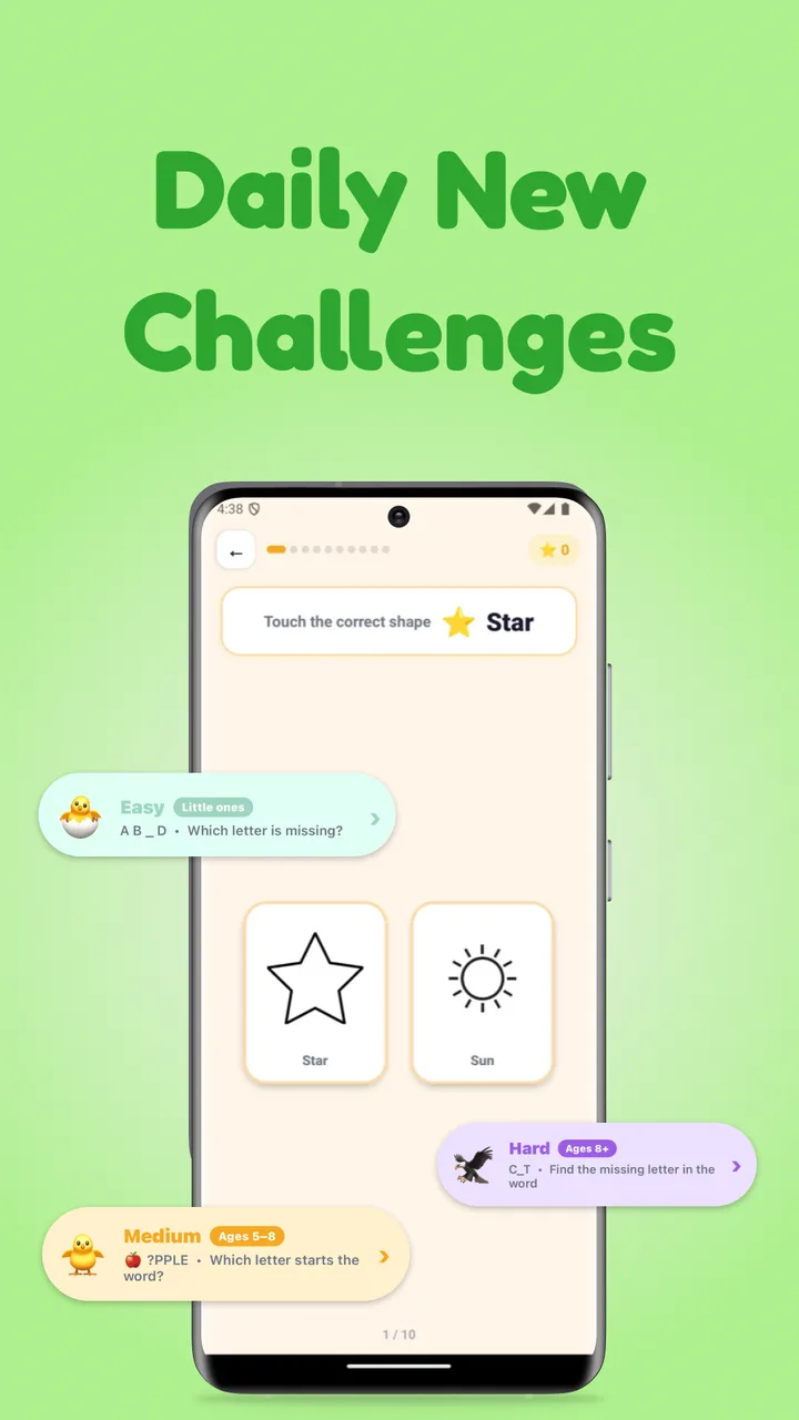 Kids Kala — Daily New Challenges: shape quiz with easy, medium, and hard difficulty levels