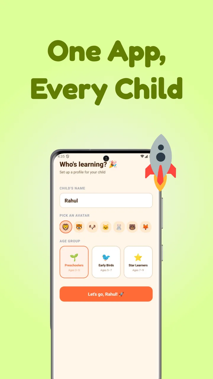 Kids Kala — One App, Every Child: profile setup with child name, avatar picker, and age group selection