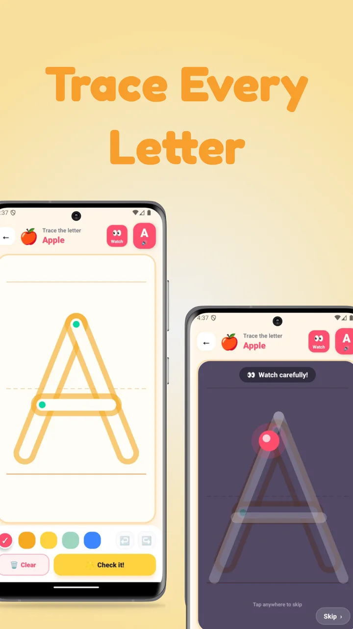 Kids Kala — Trace Every Letter: guided letter tracing with watch-and-learn stroke animation